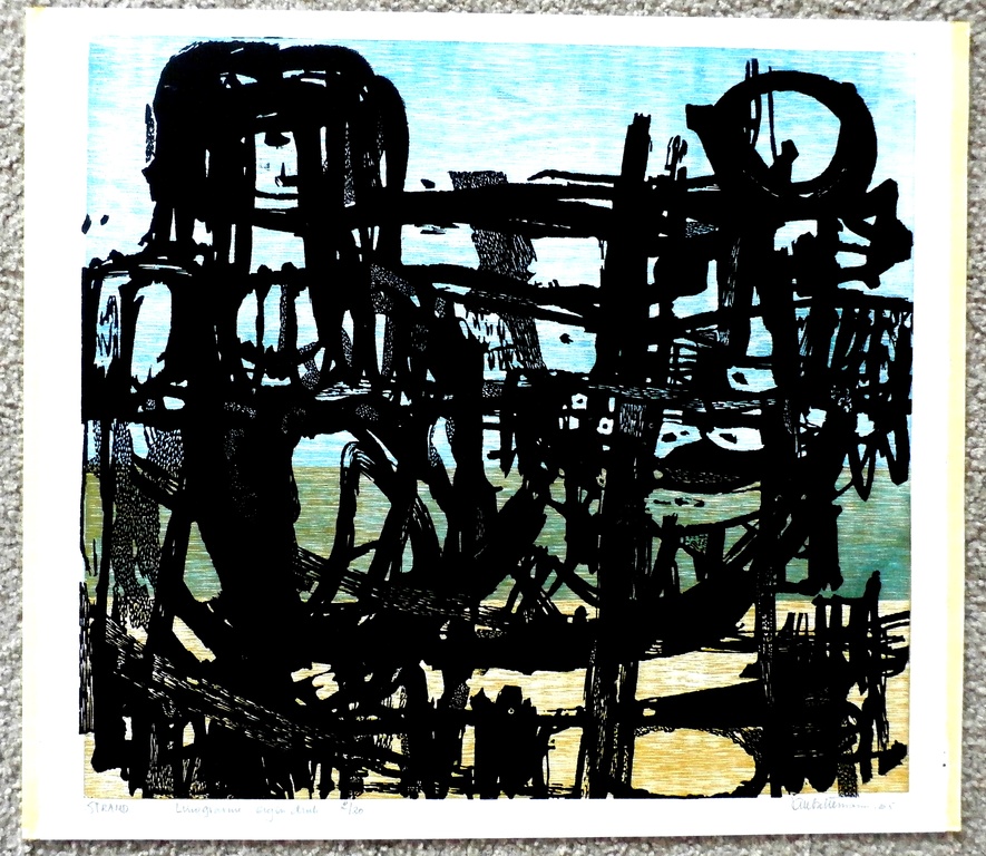 Jan Battermann - linogravure: strand - 1965 - oplage 20 stuks  kopen? Bied vanaf 40!