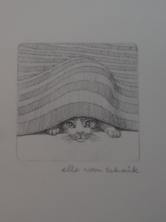 Ella van Schaik (1940-) karakteristieke ets "poes onder kleed" gesigneerd kopen? Bied vanaf 1!