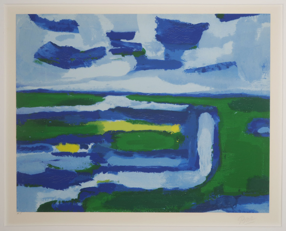 Gerrit Benner: Zeefdruk, Abstract landschap - Ingelijst verkocht voor € 2200!
