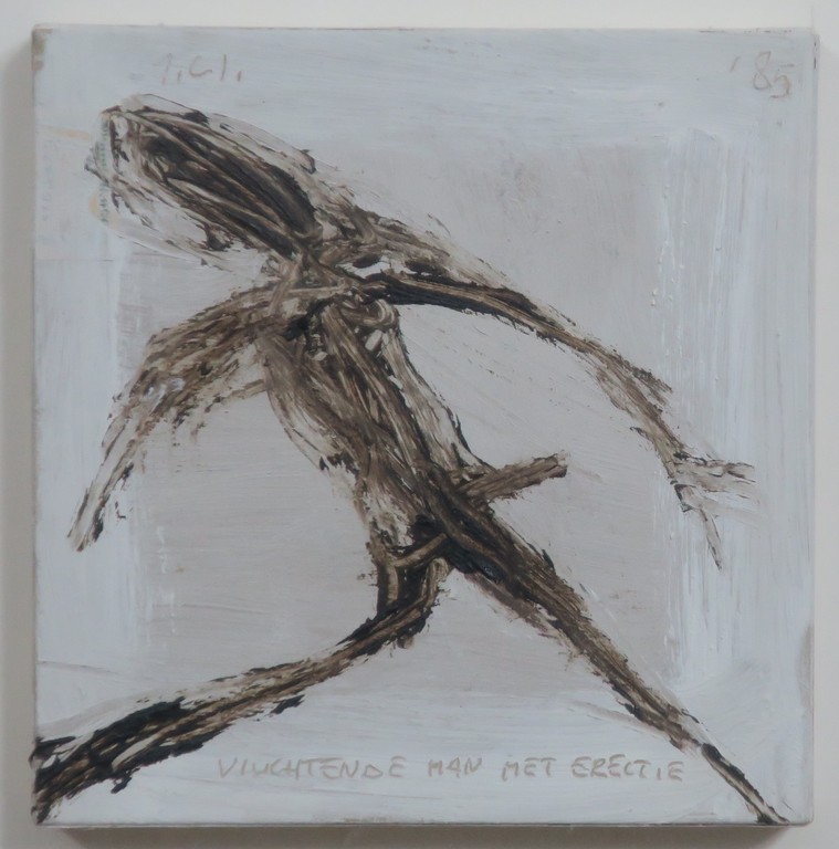 Johan Claassen: Acryl op karton, Vluchtende man met erectie - Ingelijst kopen? Bied vanaf 150!