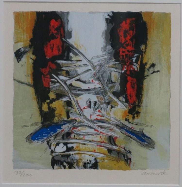 Hans Vanhorck: Zeefdruk, Zonder titel (rood/blauw) - Ingelijst verkocht voor € 70!