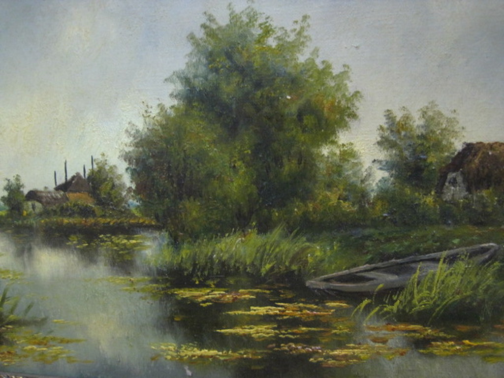 Henricus Rol (1906-1992) olieverf "landschap met bootje " gesigneerd ca 1940 verkocht voor € 60!