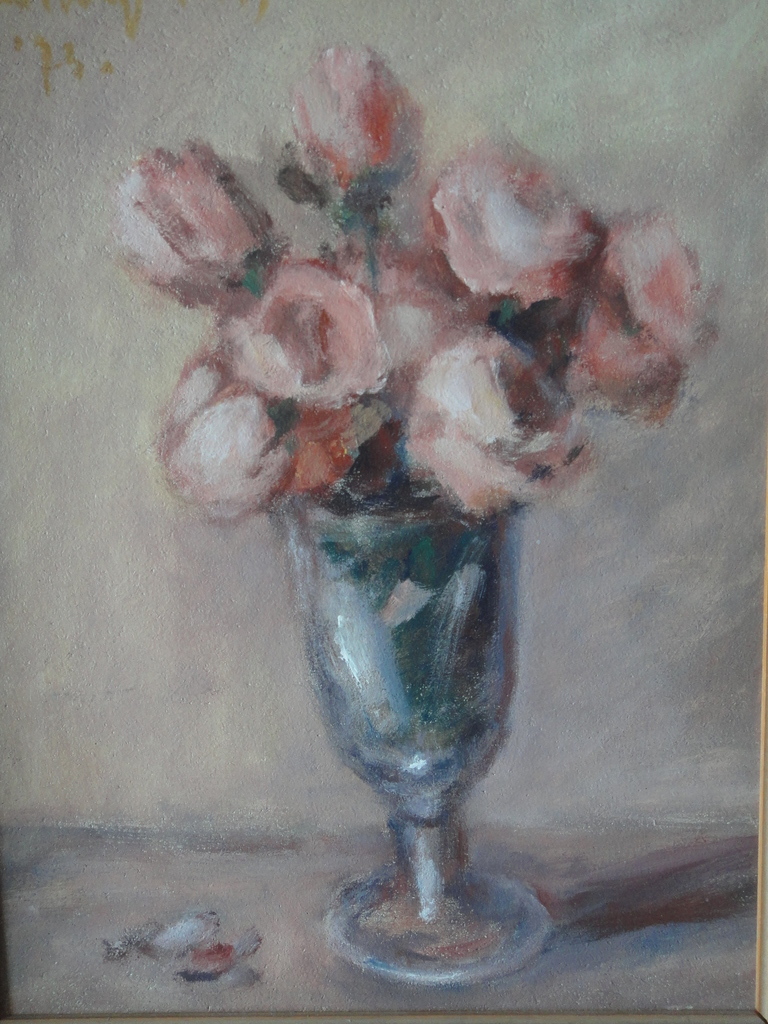 Theo Swagemakers - olieverf op doek - stilleven met tulpen in vaas (Morandi) verkocht voor € 200!