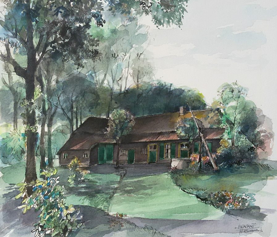 Hen Euverman - Brabant, gemengde techniek op papier (in passe-partout) verkocht voor € 90!