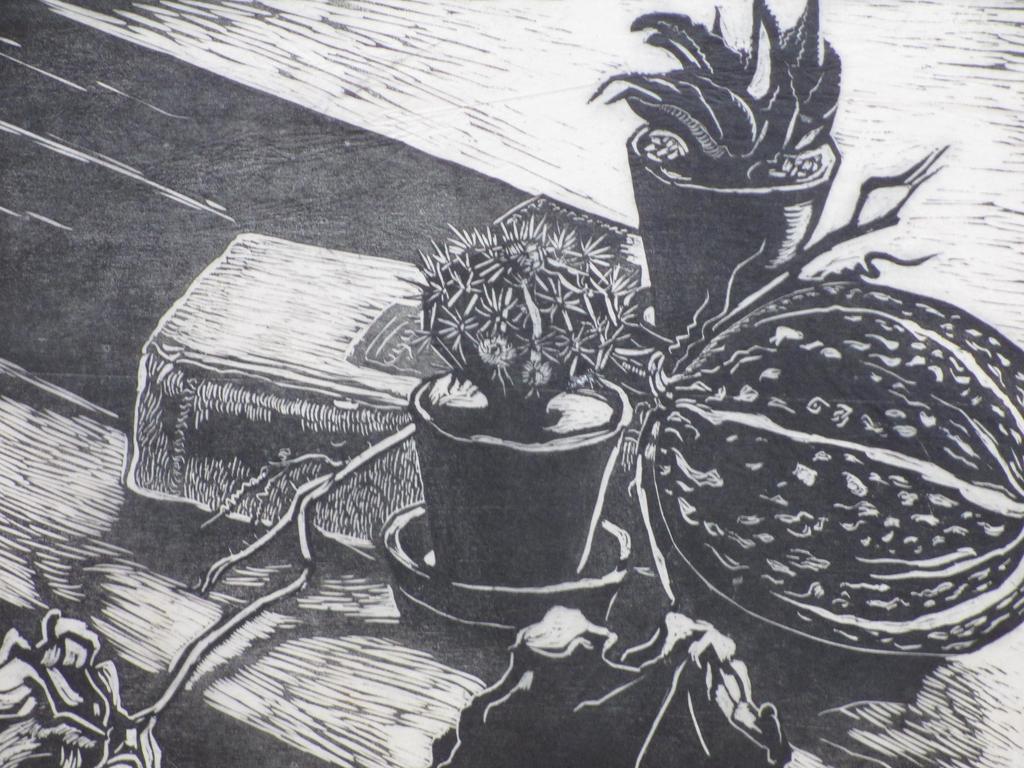 Edith Pijpers, Stilleven met roos en cactus, Houtsnede kopen? Bied vanaf 40!