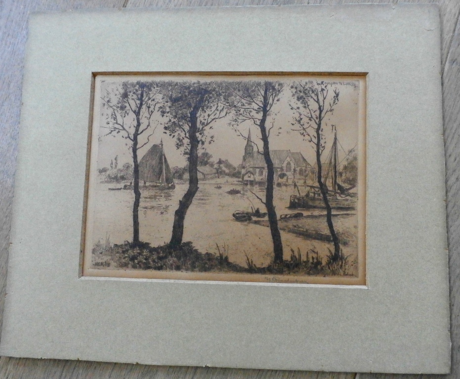 Hendrikus Roodenburg - ets: Bootjes in de rivier bij Elshout - 1915 kopen? Bied vanaf 45!