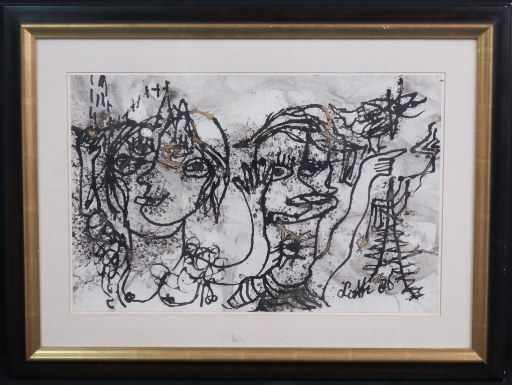 Lotti van der Gaag: Gewassen inkttekening, Nos eglises en tete... - Ingelijst verkocht voor € 370!