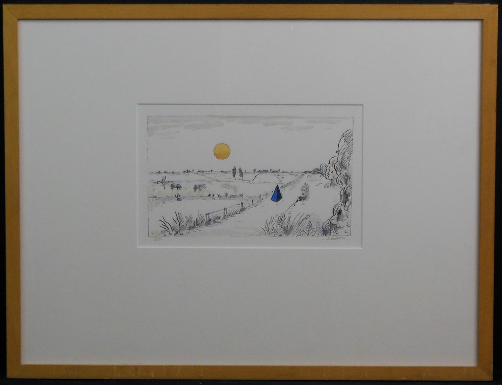 Pieter Holstein: Handgekleurde litho, Landschap met blauwe piramide -Ingelijst verkocht voor € 35!