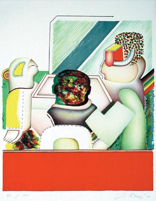 Jörg Remé, litho, Met z'n drieën in gesprek, 1981 kopen? Bied vanaf 50!