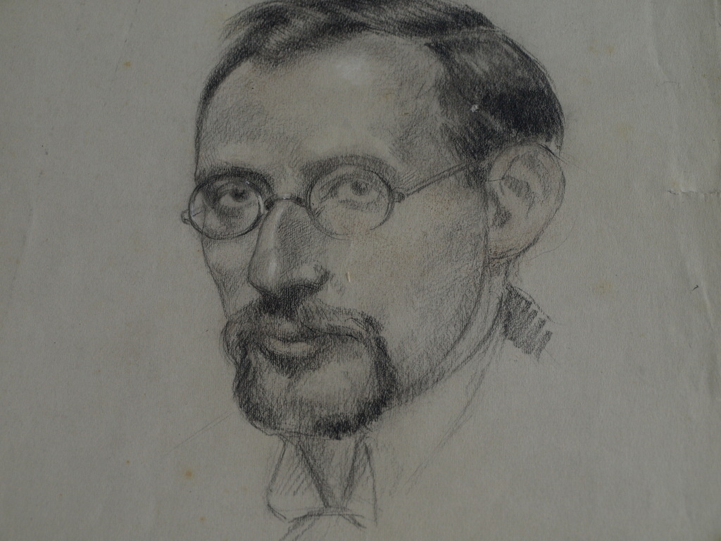 Onbekend : Tekening , Portret man met bril en 2 leeuwen – ca 1920  kopen? Bied vanaf 1!