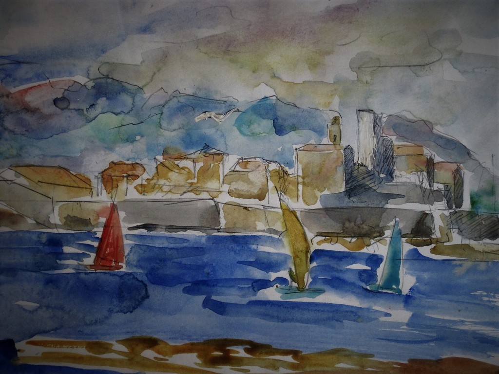 Onduidelijk gesigneerde expressionistische Aquarel Antibes Zuid Frankrijk 1996 kopen? Bied vanaf 1!