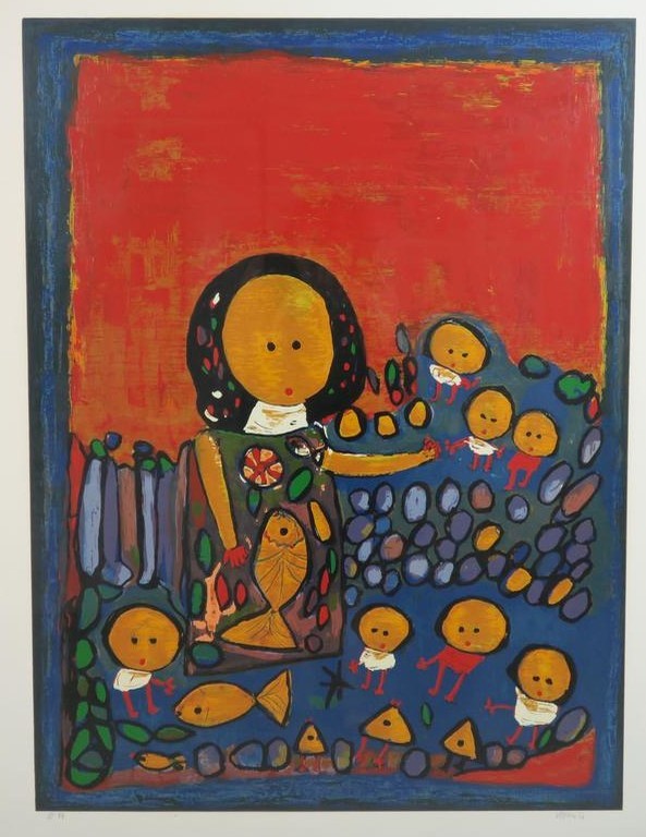 Giovanni Vetere: Zeefdruk, Vrouw met kinderen en vissen - Ingelijst (Groot) kopen? Bied vanaf 120!