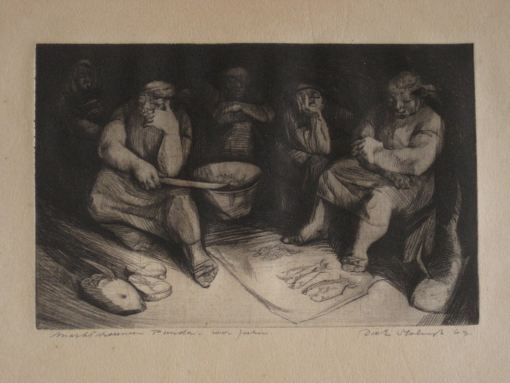 Karakteristieke Dick Stolwijk (1931-) ets "Orientaalse Markt" gesigneerd 1963 verkocht voor € 35!