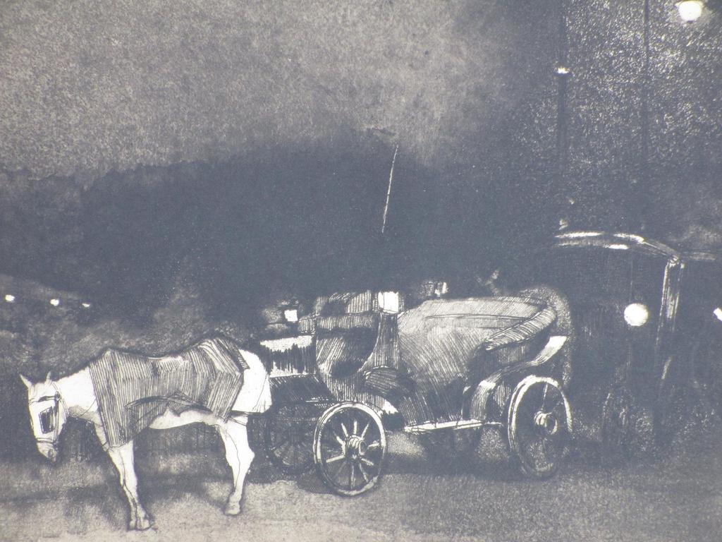 Jan Poortenaar, Paardenkoetsen in Londen bij avond, Ets   kopen? Bied vanaf 70!
