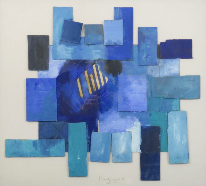 Meertje Kaal: Acryl en collage, Zonder titel (blauw) - Ingelijst kopen? Bied vanaf 50!