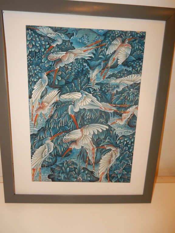 onbekend / olieverf op linnen, kraanvogels, marouffle op schildersboard   verkocht voor € 50!