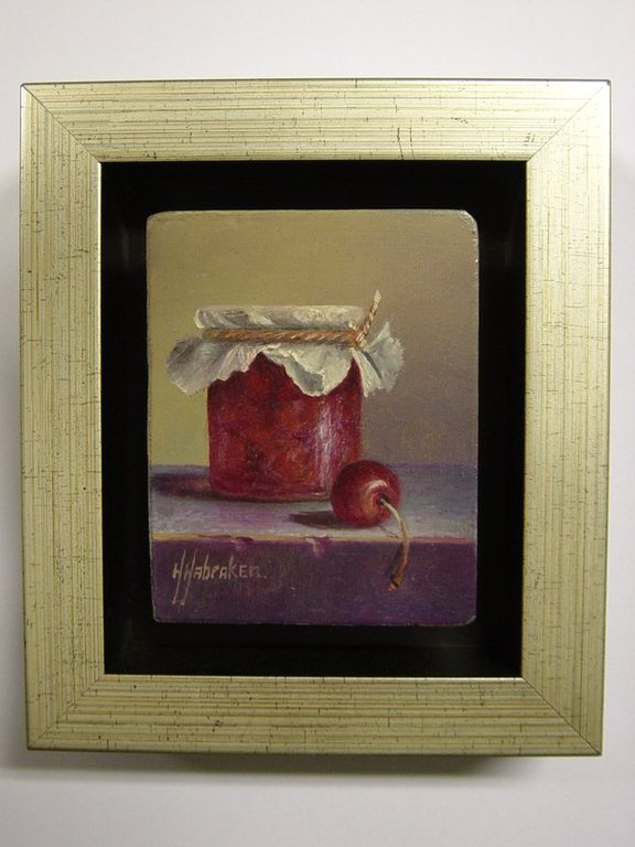 Hans Habraken - olieverf op paneel - weckfles met kersen verkocht voor € 165!