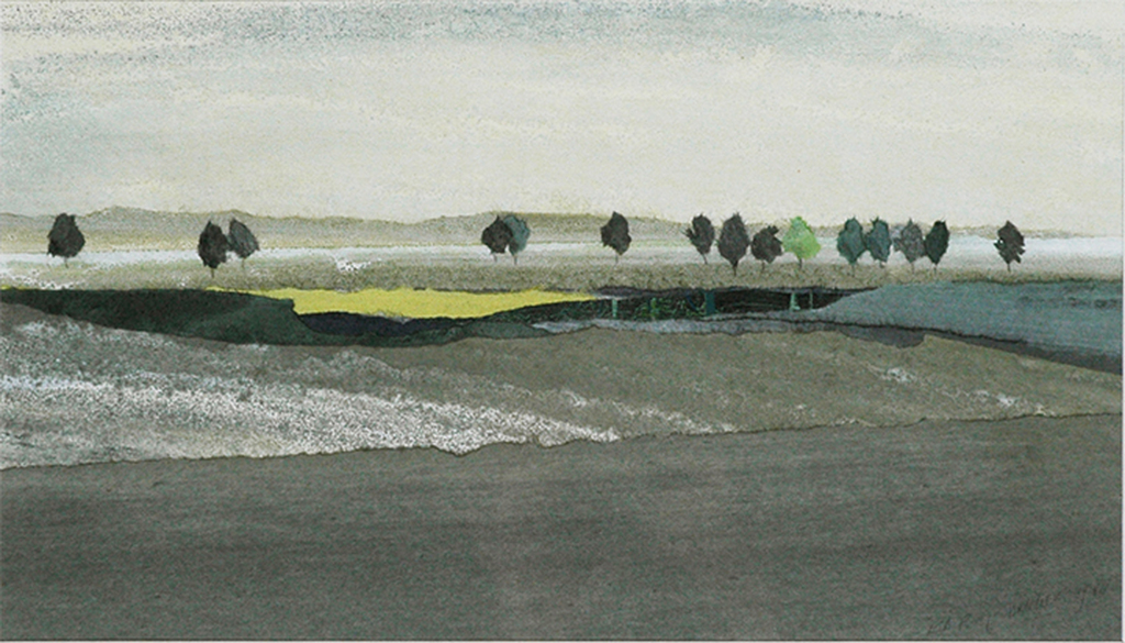 Dianne Bakker: landschap - aquarel / collage, 1980 verkocht voor € 75!