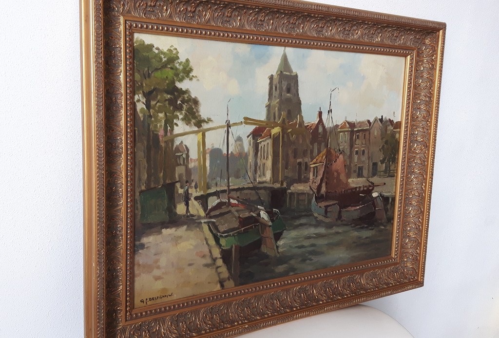G.J.Delfgaauw: Olieverf op doek,  "Boten in stadsgracht" kopen? Bied vanaf 300!