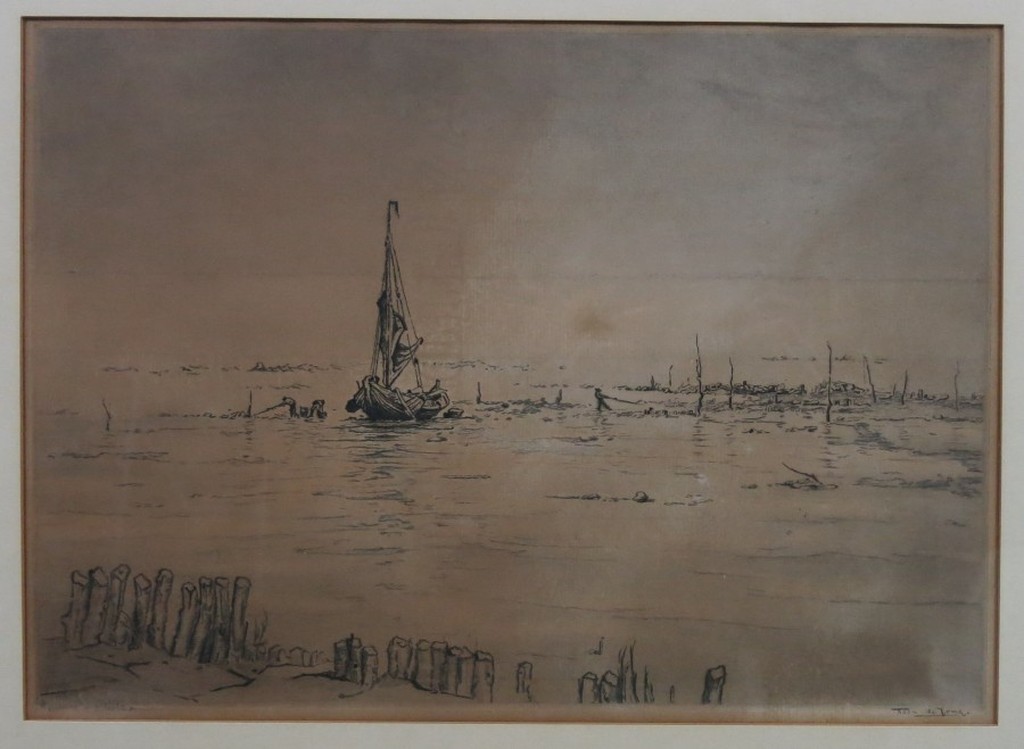 Toon de Jong: Ets, Zandschippers op het water -Ingelijst kopen? Bied vanaf 1!