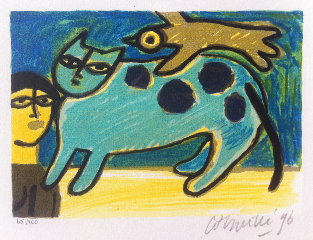 Corneille: Kleurenlitho, zonder titel (blauwe kat met vogel en vrouw) kopen? Bied vanaf 225!