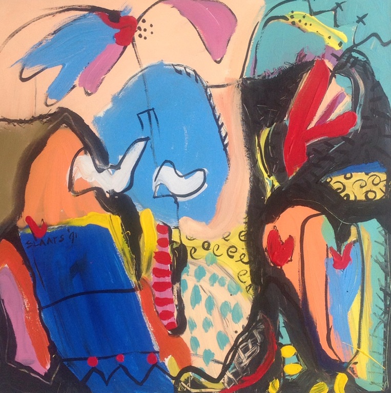 Miriam Slaats, acryl op doek, titel: een kwastje zalm.  kopen? Bied vanaf 395!