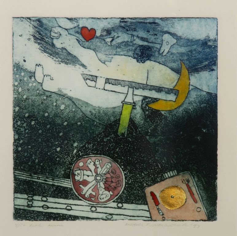 Michel van Overbeeke: Ets met bladgoud, Table music - Ingelijst kopen? Bied vanaf 40!