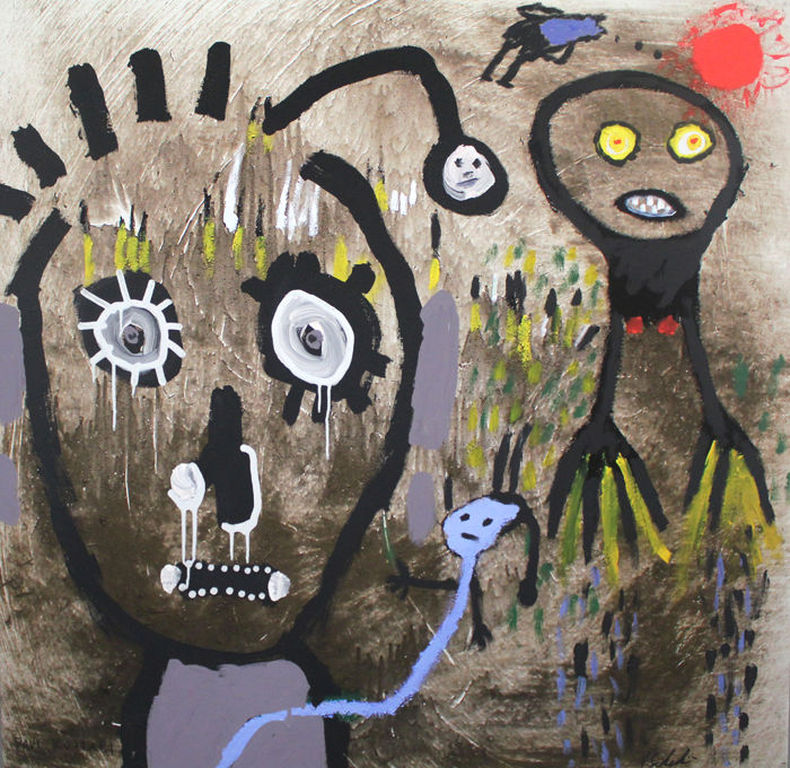 Paul Indrek Kostabi - Paul Kostabi + Rumpold Schulz...titel: space invaders...gemengde techniek verkocht voor € 35!