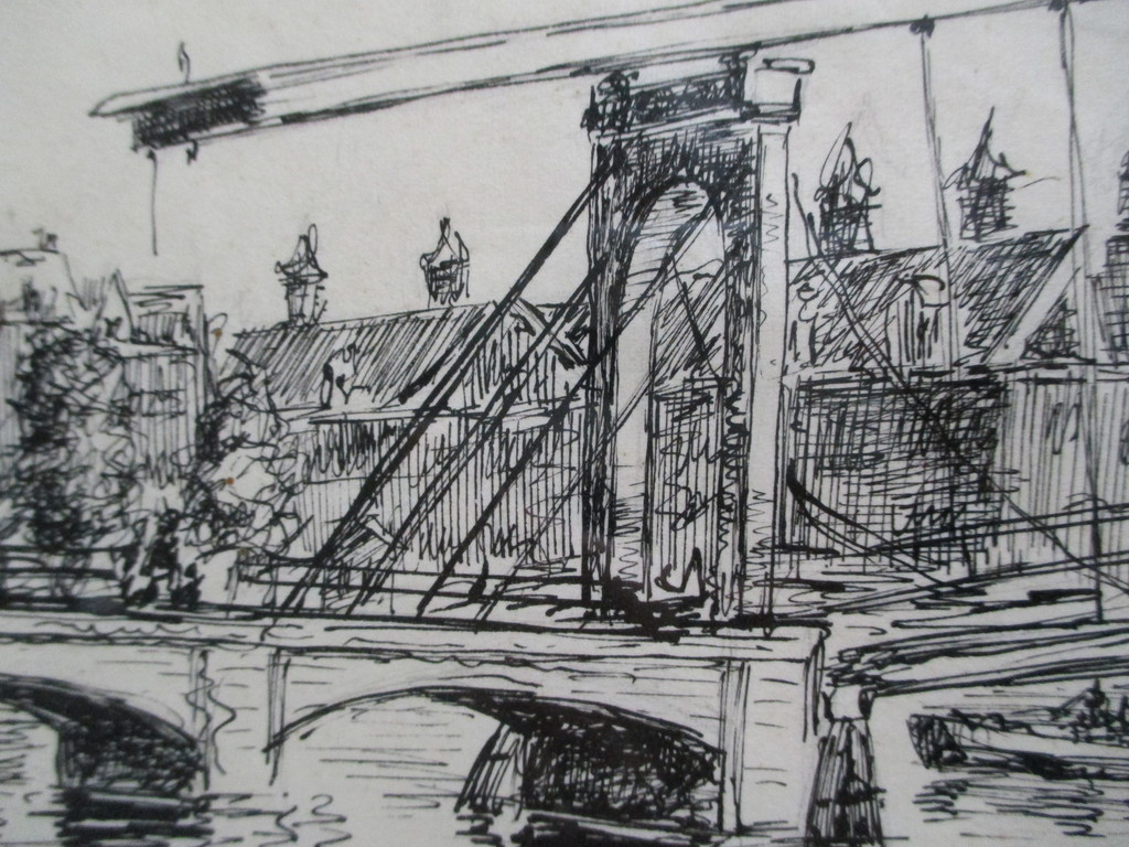 Klaas de Poel, ingelijste inkttekening Magere Brug Amsterdam 1954 kopen? Bied vanaf 1!