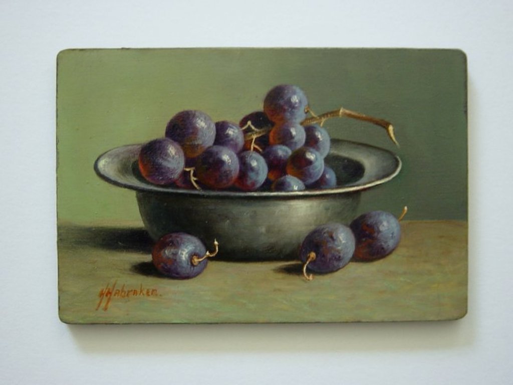 Hans Habraken - olieverf op paneel - Druiven in tinnen schaal kopen? Bied vanaf 195!