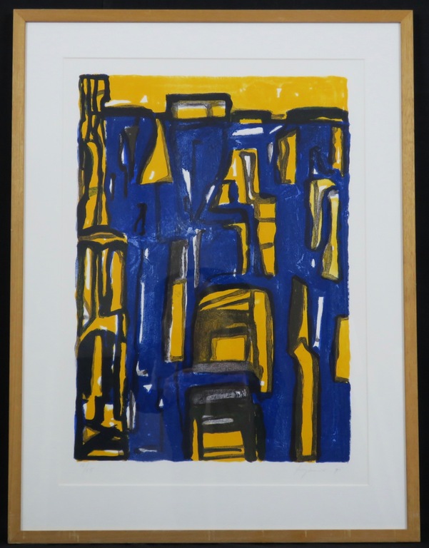 Theo Kuijpers: Zeefdruk, Zonder titel (geel/blauw) - Ingelijst verkocht voor € 35!