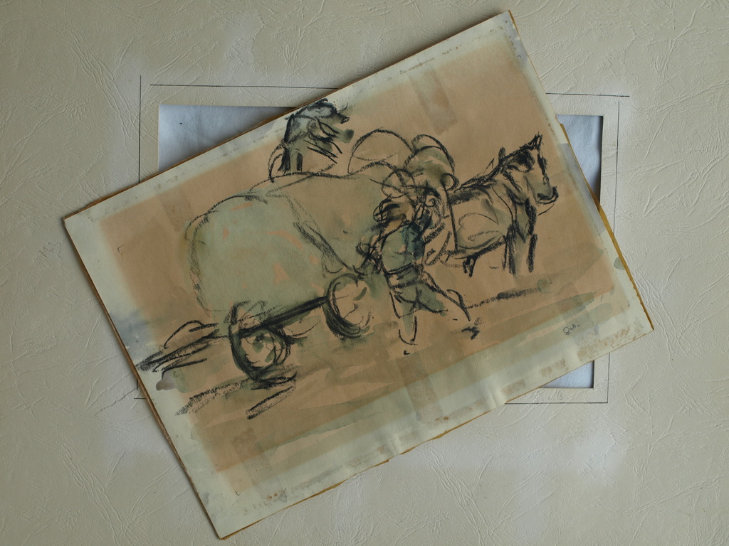 Onduidelijke signatuur : Aquarel / pasteltekening - Boerenkar – ca 1900 kopen? Bied vanaf 25!