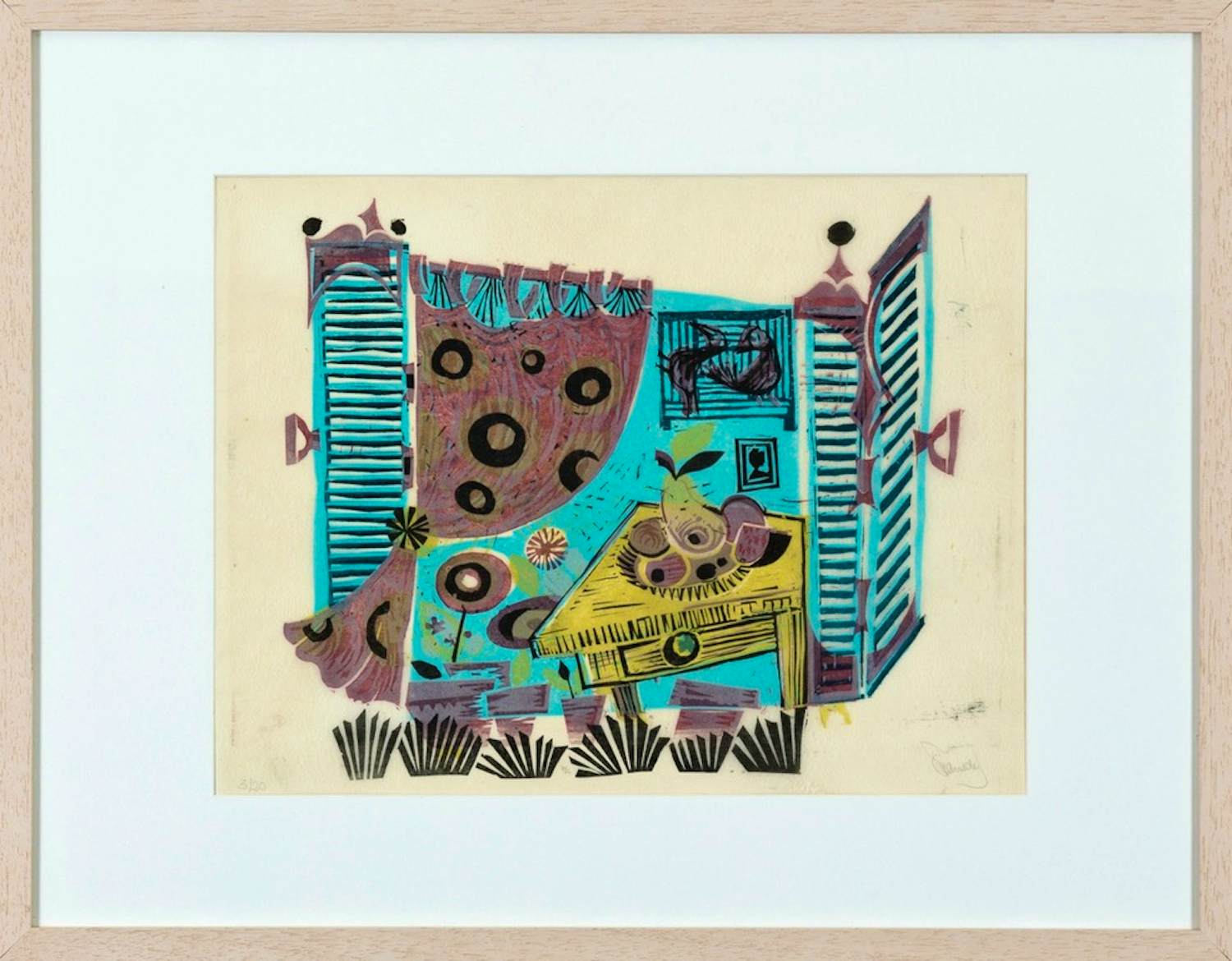 Frans de Jong - Frans de Jong: Houtsnede op Rijstpapier, Wind bij Jacquelien 1 - Ingelijst verkocht voor € 35!