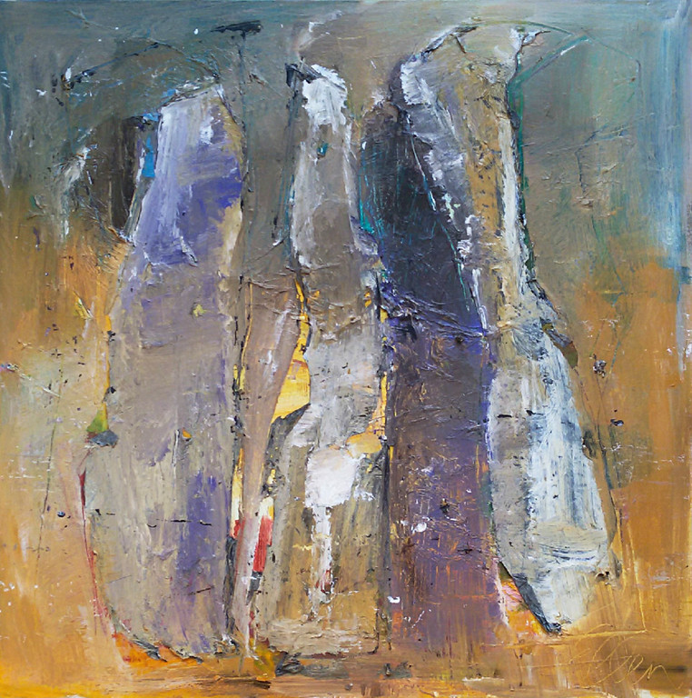Ellen van Stokkum - Bakens / Stonehenge, gemengde techniek op doek (ingelijst) verkocht voor € 295!
