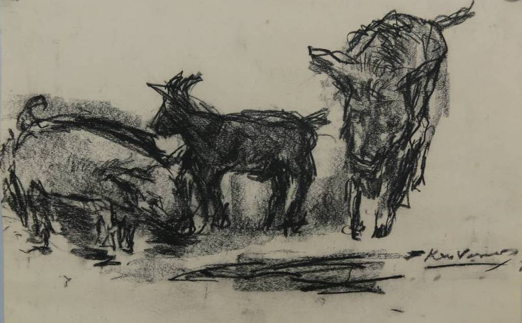 Kees Verwey: houtskool op papier, Een varken, een geit en een ezel verkocht voor € 150!