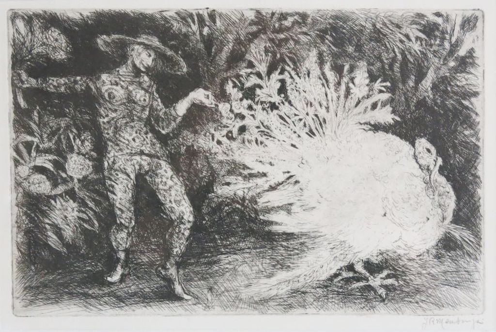 Jan Mensinga: litho, Dansende vrouw met kalkoen - ingelijst verkocht voor € 50!