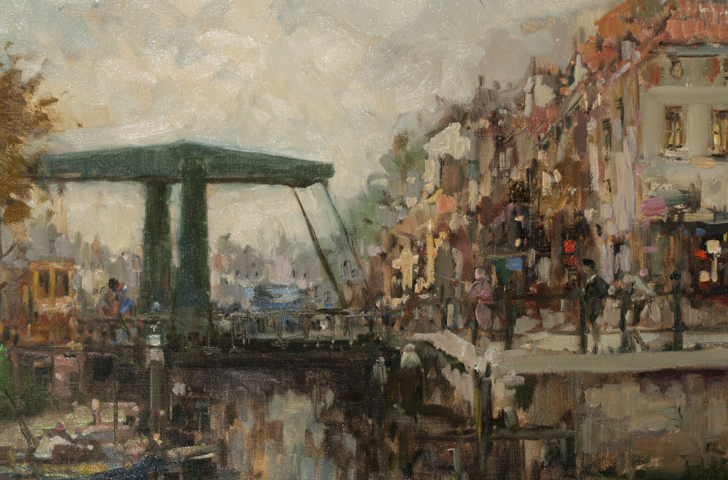 Theodorus van Oorschot: Olieverf op doek, Stadje met ophaalbrug - Ingelijst kopen? Bied vanaf 250!
