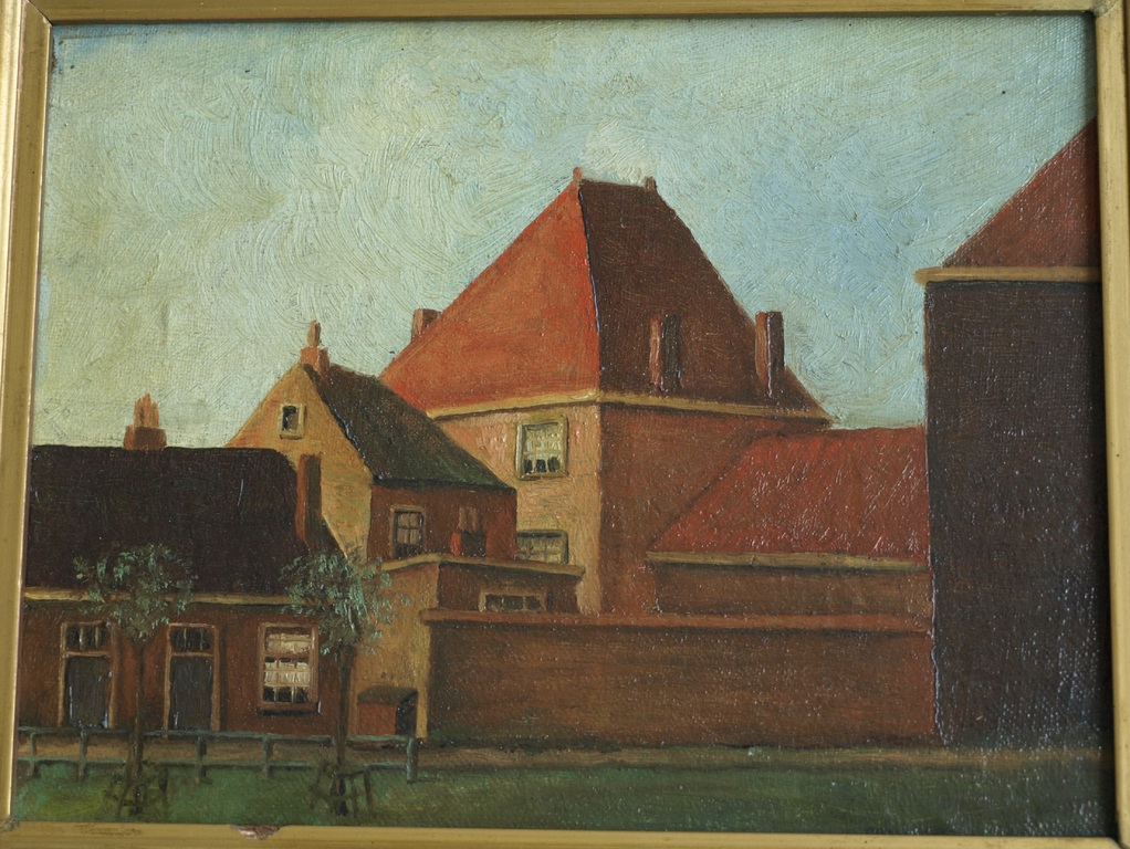 Onbekend – Olieverf op paneel , Huizen - ingelijst – Oud kopen? Bied vanaf 1!