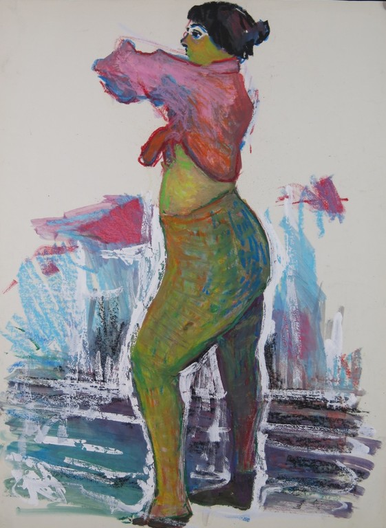 Juul Neumann: Gemengde techniek op papier + Krijttekening, Staand naakt kopen? Bied vanaf 1!