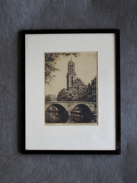 Mooie Ets "Utrecht en de Dom" van Nederlands grootste etser van stadsgezichten kopen? Bied vanaf 1!