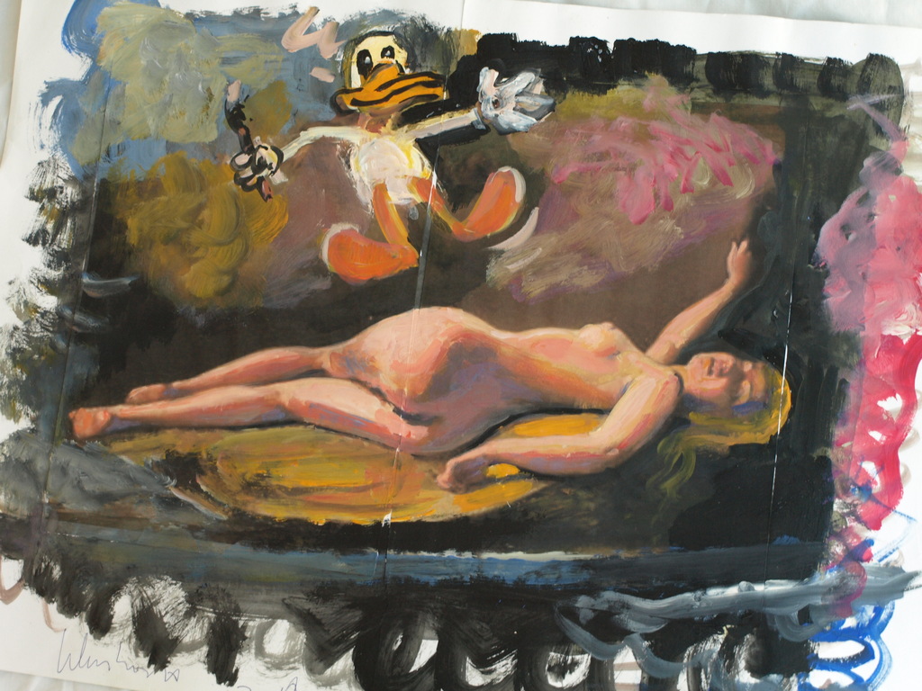 Peter Klashorst : acrylverf op papier , Vrouw met Eend – 2016 kopen? Bied vanaf 50!