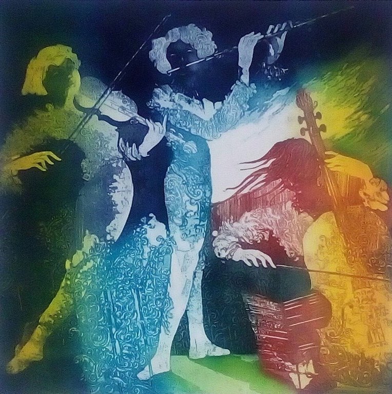 Michael Jepkes: ets/aquatint in passe-partout, Rococo trio kopen? Bied vanaf 80!