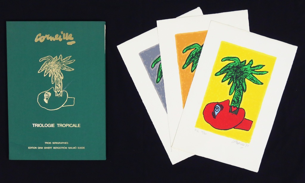 Corneille: Portfolio met 3 zeefdrukken in bijbehorende map, Triologie Tropicale verkocht voor € 240!