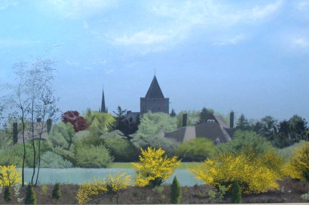 Gezicht op een dorp in het Gooi - gesigneerde gouache uit 1953 kopen? Bied vanaf 395!