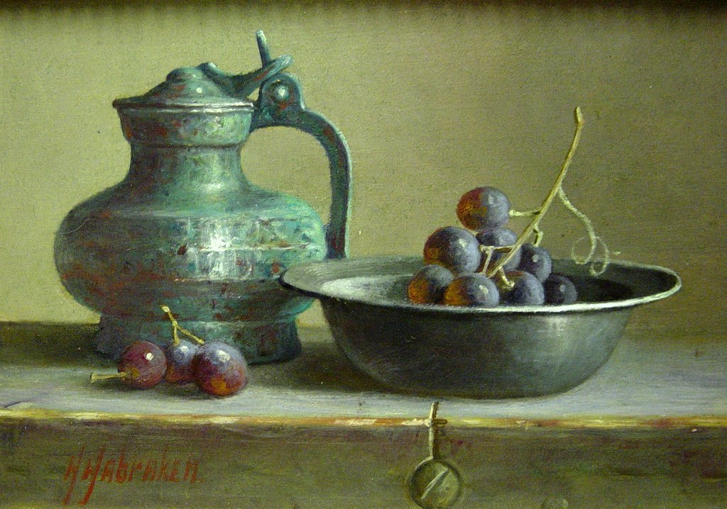 Hans Habraken - olieverf op paneel - stilleven druiven en dekselpot kopen? Bied vanaf 275!