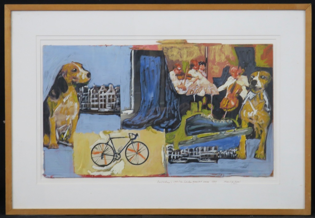 Meertje Kaal: Acryl op papier, Amsterdam sport en honden quartet - Ingelijst verkocht voor € 40!
