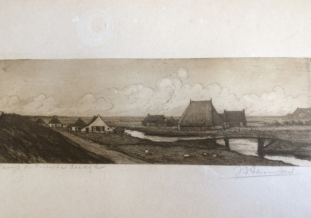 Johan Hemkes, ets, Langs de Friesche zeedijk verkocht voor € 50!