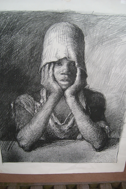 Aat Veldhoen, aankijkende negerin,gem.techniek,rota+getekend o.a. met inkt en potlood verkocht voor € 100!