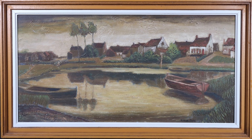 Alphonse Mora: Olieverf op paneel, Huisjes aan het water - Ingelijst (Groot) verkocht voor € 40!