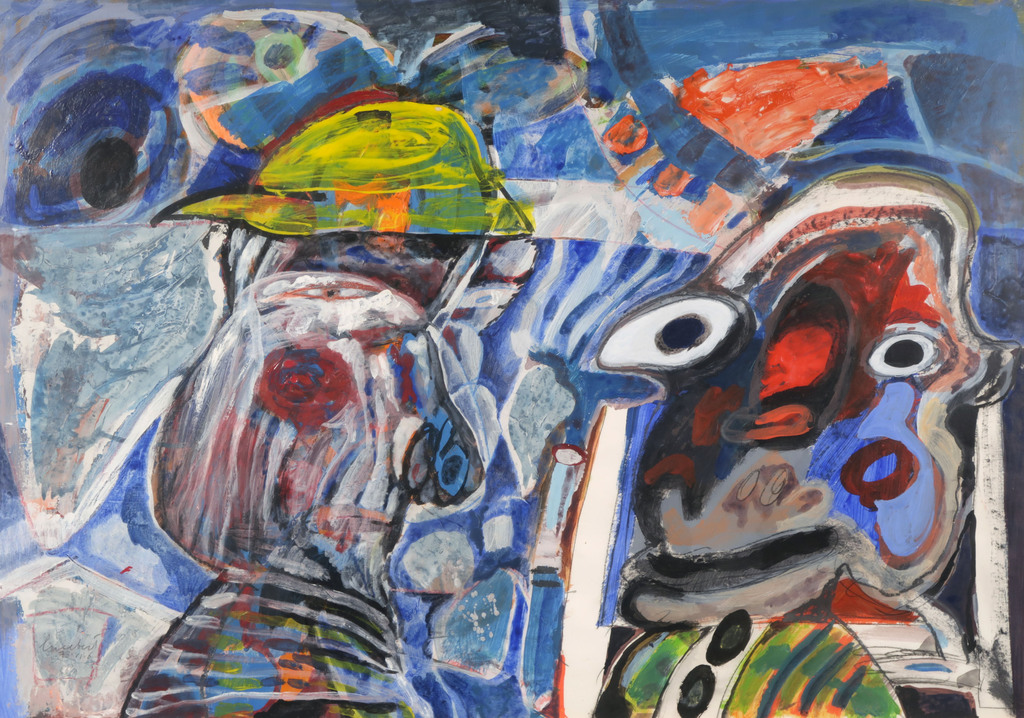 Lucebert: Acryl en olieverf op papier, Z.T. Blauw met kop - Ingelijst (Groot) kopen? Bied vanaf 5000!